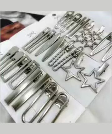 24Pcs Y2K Silver Metal Star Hair Clips Set - Seamless Duckbill Pins