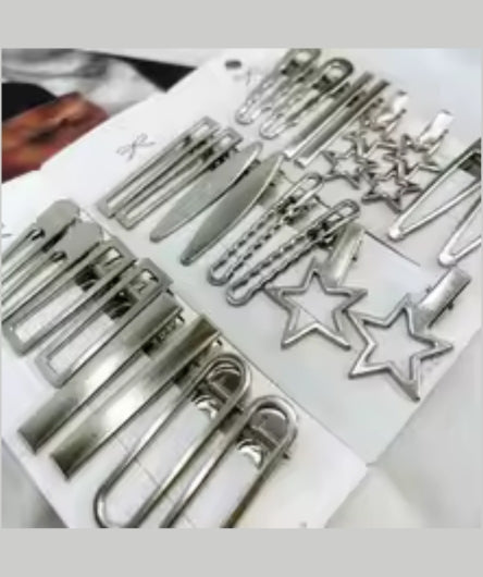 24Pcs Y2K Silver Metal Star Hair Clips Set - Seamless Duckbill Pins