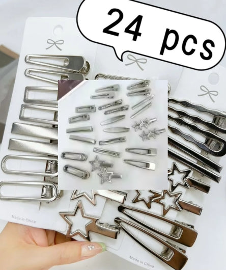 24Pcs Y2K Silver Metal Star Hair Clips Set - Seamless Duckbill Pins