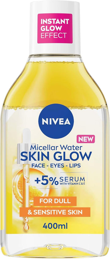 NIVEA Skin Glow Serum-Infused Micellar Cleansing Water, for Face, Eyes and Lips, 5% Serum with Vitamins C and E, Amino Acid Complex for Dull and Sensitive Skin, Removes up to 100% of Makeup, 400ml
