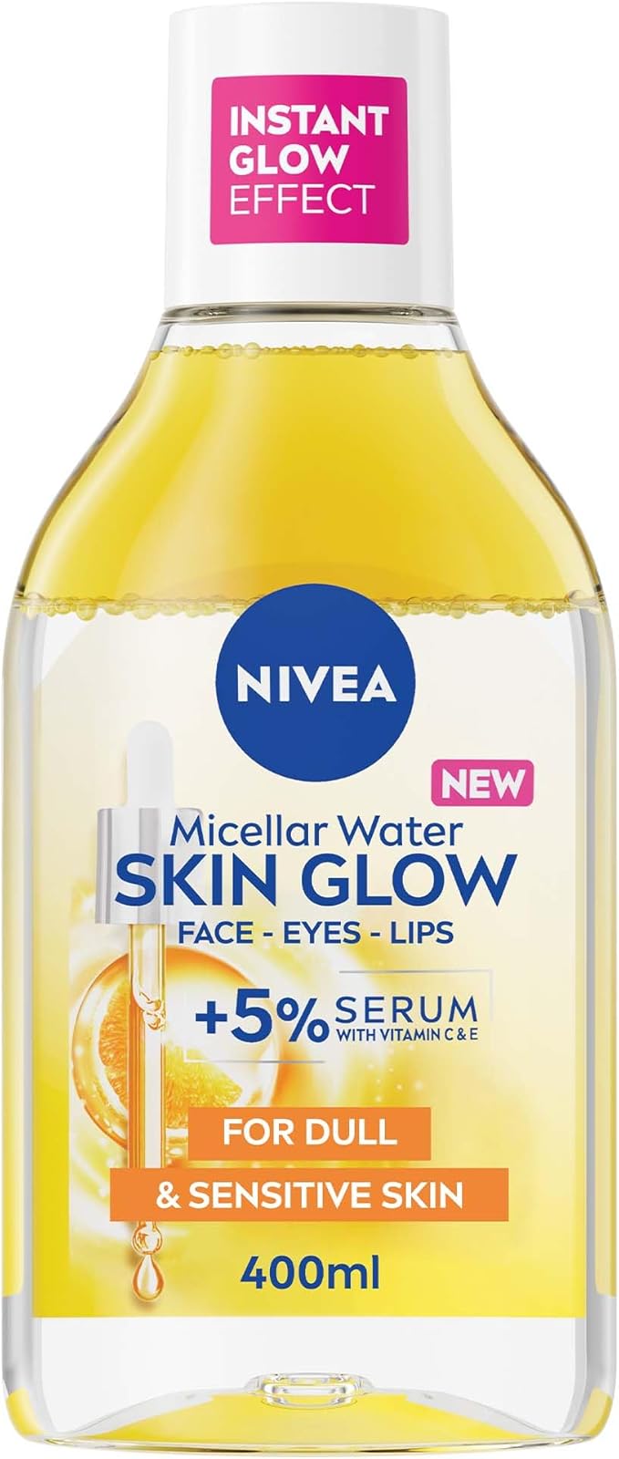 NIVEA Skin Glow Serum-Infused Micellar Cleansing Water, for Face, Eyes and Lips, 5% Serum with Vitamins C and E, Amino Acid Complex for Dull and Sensitive Skin, Removes up to 100% of Makeup, 400ml