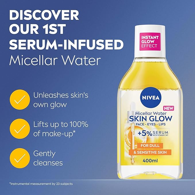 NIVEA Skin Glow Serum-Infused Micellar Cleansing Water, for Face, Eyes and Lips, 5% Serum with Vitamins C and E, Amino Acid Complex for Dull and Sensitive Skin, Removes up to 100% of Makeup, 400ml