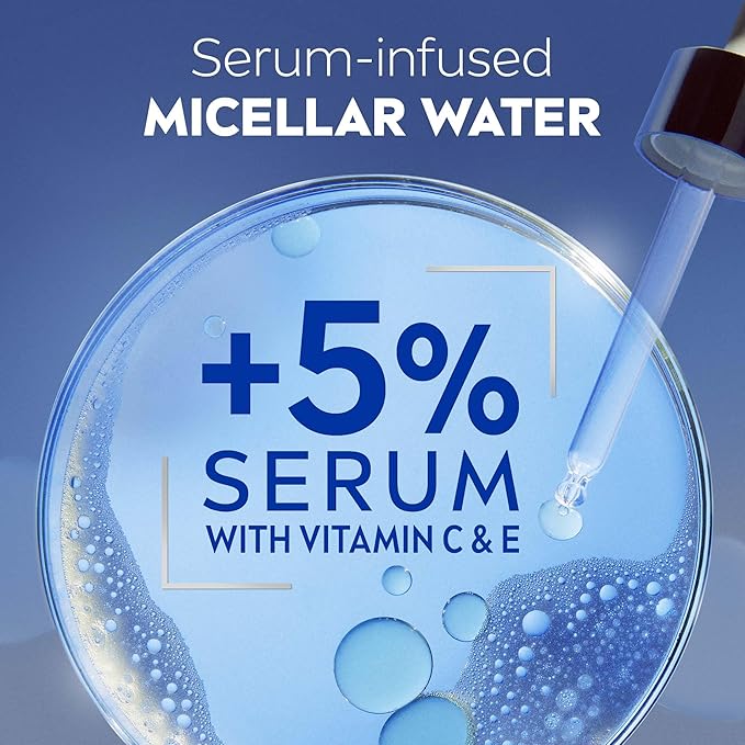 NIVEA Skin Glow Serum-Infused Micellar Cleansing Water, for Face, Eyes and Lips, 5% Serum with Vitamins C and E, Amino Acid Complex for Dull and Sensitive Skin, Removes up to 100% of Makeup, 400ml