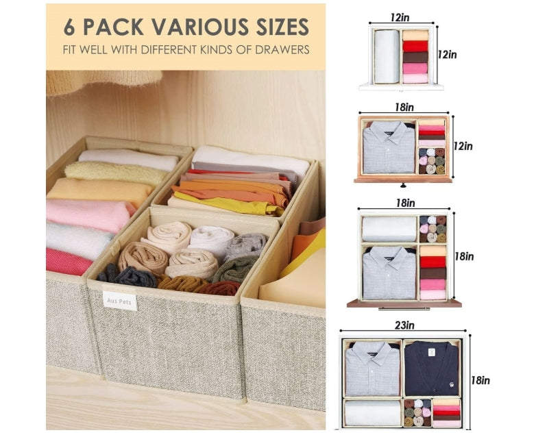 Aus Pets Underwear Drawer Organizer 6 Set Foldable/Storage Box for Clothes in Beige, Black and White