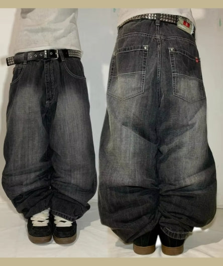 Men's Y2K Streetwear Vintage Washed Black Baggy Jeans - Gothic Wide-Leg Pants